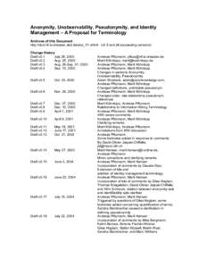 Anonymity, Unobservability, Pseudonymity, and Identity Management – A Proposal for Terminology Archives of this Document http://dud.inf.tu-dresden.de/Literatur_V1.shtml (v0.5 and all succeeding versions) Change History