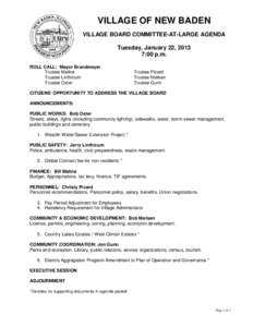 VILLAGE OF NEW BADEN VILLAGE BOARD COMMITTEE-AT-LARGE AGENDA Tuesday, January 22, 2013 7:00 p.m. ROLL CALL: Mayor Brandmeyer Trustee Malina