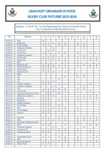 LIMAVADY GRAMMAR SCHOOL RUGBY CLUB FIXTURESSponsors: 1st XV/2nd XV: Air Cool Engineering/P & L Electrics/Lifestyle Fitness Lime Tree Restaurant/Bovally Dental Practice  Date