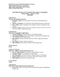 Joint Public Hearing on the Community Reinvestment Act Regulation, Chicago, Illinois – August 12, 2010, AGENDA