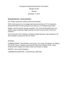 Emergency Preparedness Advisory Commission Arlington County Minutes December 17, 2014  Opening Remarks / Announcements