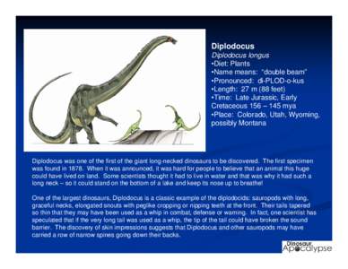 Diplodocus Diplodocus longus •Diet: Plants •Name means: “double beam” •Pronounced: di-PLOD-o-kus •Length: 27 m (88 feet)