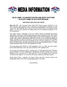 NLCS GAME 7 IS HIGHEST-RATED AND MOST-WATCHED PLAYOFF GAME OF 2012 POSTSEASON 2012 NLCS +38% Over 2011 NLCS New York, NY – San Francisco Giants NLCS MVP Marco Scutaro’s leadoff hit in the third inning last night spar