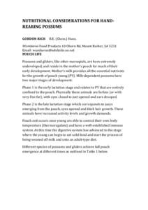 NUTRITIONAL	
  CONSIDERATIONS	
  FOR	
  HAND-­ REARING	
  POSSUMS	
  	
   	
   	
   GORDON	
  RICH	
  	
  	
  	
  	
  B.E.	
  (Chem.)	
  Hons.	
   Wombaroo	
  Food	
  Products	
  10	
  Oborn	
  Rd,