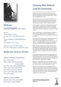 Company Man Helps to Lead his Community William Lillecrapp, having joined the service of the South Australian Company as an assistant superintendent of sheep, sailed with his wife Jane aboard the Katherine Stewart Forbes