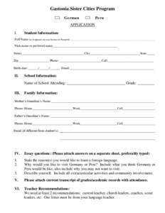 Gastonia Sister Cities Program German Peru  APPLICATION