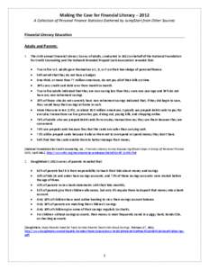 Making the Case for Financial Literacy – 2012 A Collection of Personal Finance Statistics Gathered by Jump$tart from Other Sources Financial Literacy Education Adults and Parents: 1.