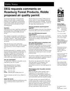 Public Notice  DEQ requests comments on Roseburg Forest Products, Riddle proposed air quality permit The Oregon Department of Environmental