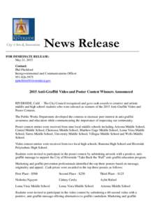 News Release FOR IMMEDIATE RELEASE: May 21, 2015 Contact: Phil Pitchford Intergovernmental and Communications Officer