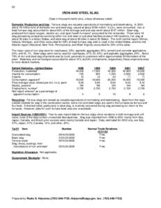 92  IRON AND STEEL SLAG (Data in thousand metric tons, unless otherwise noted) Domestic Production and Use: Ferrous slags are valuable coproducts of ironmaking and steelmaking. In 2001, about 19 million tons of domestic 