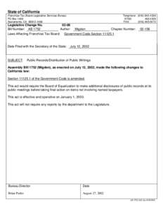 State of California Franchise Tax Board-Legislative Services Bureau PO Box 1468 Sacramento, CA[removed]Telephone: ([removed]