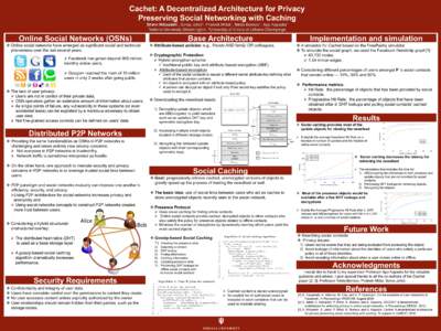 Cachet: A Decentralized Architecture for Privacy Preserving Social Networking with Caching Shirin Nilizadeh*, Sonia Jahid+, Prateek Mittal+, Nikita Borisov+, Apu Kapadia* *Indiana University Bloomington, +University of I