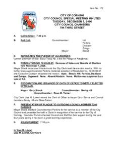 Item No.: F2  CITY OF CORNING CITY COUNCIL SPECIAL MEETING MINUTES TUESDAY, DECEMBER 5, 2006 CITY COUNCIL CHAMBERS