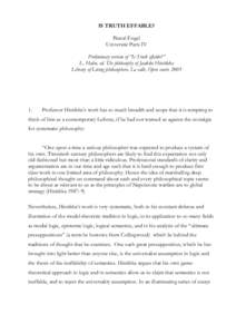 IS TRUTH EFFABLE? Pascal Engel Université Paris IV Preliminary version of “Is Truth effable?” L. Hahn, ed. The philosophy of Jaakko Hintikka Library of Living philosophers, La salle, Open court, 2005