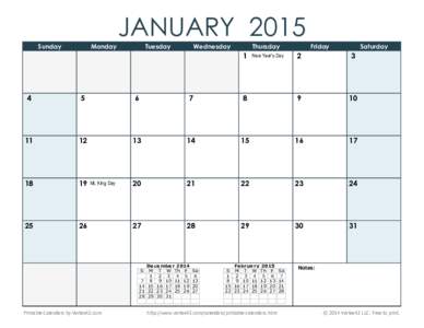 Printable 2015 Monthly Calendar with Holidays