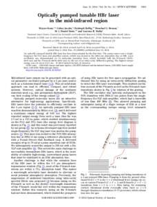 June 15, [removed]Vol. 39, No[removed]OPTICS LETTERS[removed]Optically pumped tunable HBr laser in the mid-infrared region