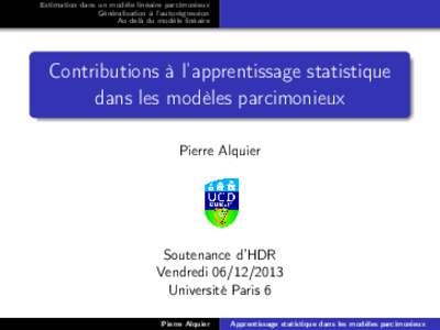 Estimation dans un modèle linéaire parcimonieux Généralisation à l’autorégression Au-delà du modèle linéaire Contributions à l’apprentissage statistique dans les modèles parcimonieux