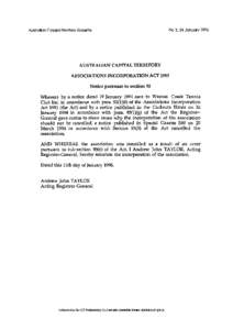 Australian Caprtal Territory Gazette  No 3.24 January 1996 AUSTRALIAN CAPITAL TERRITORY ASSOCIATIONS INCORPORATION ACT 1991