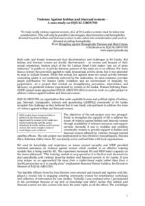 Violence Against lesbian and bisexual women – A case study on EQUAL GROUND ‘To truly rectify violence against women, ALL of Sri Lankan women must be taken into consideration. This will only be possible if stereotypes