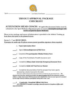 Sport:  Last Name, First Name: TRYOUT APPROVAL PACKAGE CHECKLIST