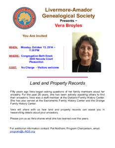 Livermore-Amador Genealogical Society Presents ~ Vera Broyles You Are Invited