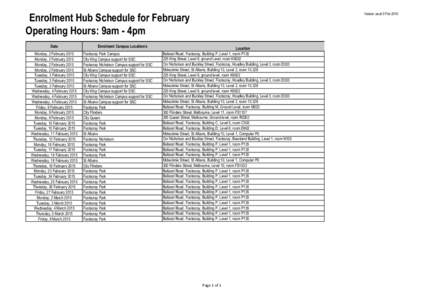 Enrolment Hub Schedule for February Operating Hours: 9am - 4pm Date Monday, 2 February 2015 Monday, 2 February 2015 Monday, 2 February 2015