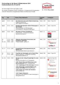 Fachvorträge an der Bauen & Modernisieren 2016 Konferenzräume K2, K3 und K6 Die Fachvorträge sind für das Publikum gratis. Die neutrale Vortragsserie mit BFE-Fachpartnern «Energiezukunft für Hausbesitzer» unter de