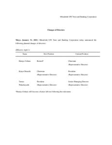 Mitsubishi UFJ Trust and Banking Corporation  Changes of Directors Tokyo, January 31, 2012—Mitsubishi UFJ Trust and Banking Corporation today announced the following planned changes of directors: