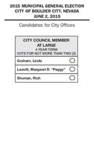 2015 MUNICIPAL GENERAL ELECTION CITY OF BOULDER CITY, NEVADA JUNE 2, 2015 Candidates for City Offices CITY COUNCIL MEMBER