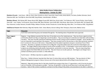 Idaho Medical Home Collaborative Meeting Notes – October 23, 2013 Members Present: Scott Dunn – MD (co-chair), Dave Simnitt (co-chair), Susan Ault, Susie Pouliot, Kathy McGill, Tim Heinz, Debbie Schreiner, David Pete