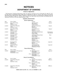 6544  NOTICES DEPARTMENT OF BANKING Actions on Applications The Department of Banking (Department), under the authority contained in the act of November 30, 1965 (P. L. 847,