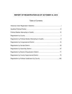 REPORT OF REGISTRATION AS OF OCTOBER 18, 2010  Table of Contents Historical Voter Registration Statistics ................................................................... I   Qualified Political Parties ..............