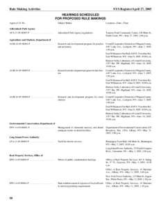 Rule Making Activities  NYS Register/April 27, 2005 HEARINGS SCHEDULED FOR PROPOSED RULE MAKINGS