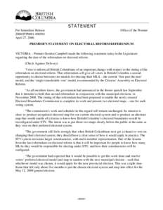 STATEMENT For Immediate Release 2006OTP0081[removed]April 27, 2006  Office of the Premier