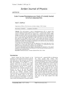 Volume 7, Number 1, 2014. ppJordan Journal of Physics ARTICLE Under Vacuum Photoluminescence Study of Vertically Stacked InAs/GaAs Quantum Dots