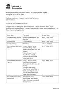 Program Penilaian Nasional – Melek Huruf dan Melek Angka Tanggal Ujian Tahun 2015 National Assessment Program - Literacy and Numeracy 2015 Test Dates Orang Tua atau Wali yang terhormat Tanggal ujian untuk Program Penil