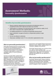 Fact Sheet: Recruitment Reform  Assessment Methods: Personality Questionnaires  Benefits of personality questionnaires