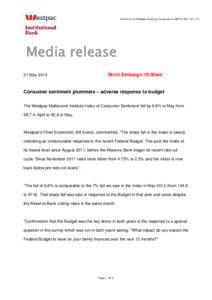 A division of Westpac Banking Corporation ABNMedia release 21 MayStrict Embargo 10:30am