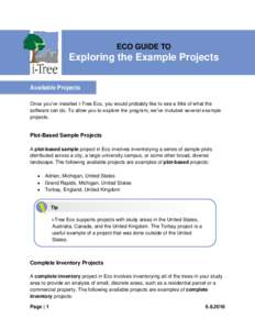 ECO GUIDE TO  Exploring the Example Projects Available Projects Once you’ve installed i-Tree Eco, you would probably like to see a little of what the software can do. To allow you to explore the program, we’ve includ