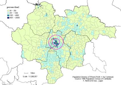 10km Scale 1:1,580,357 Population Density of Phnom Penh ++ by Commune Source: 1998 Population Census of Cambodia F. Nishi & M. Kan, Japan