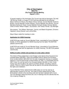 City of Harrington MINUTES City Council Special Meeting August 5, 2013  A special meeting of the Harrington City Council was held at Harrington City Hall,