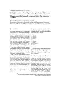 The Australian Economic Review, vol. 38, no. 3, pp. 307–18  Policy Forum: Some Policy Implications of Behavioural Economics Happiness and the Human Development Index: The Paradox of Australia David G. Blanchflower and 