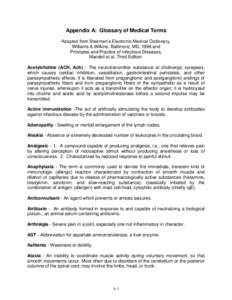 Appendix A: Glossary of Medical Terms Adapted from Stedman’s Electronic Medical Dictionary, Williams & Wilkins, Baltimore, MD, 1996 and Principles and Practice of Infectious Diseases, Mandell et al, Third Edition. Acet