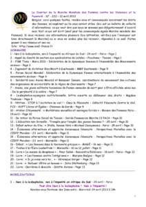 Le Courrier de la Marche Mondiale des Femmes contre les Violences et la Pauvreté - N° - 222 – 12 avril 2013 Bonjour, voici quelques textes, rendez-vous et communiqués concernant les droits des femmes, en espérant q