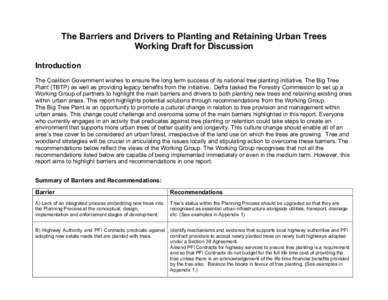 The Barriers and Drivers to Planting and Retaining Urban Trees Working Draft for Discussion Introduction The Coalition Government wishes to ensure the long term success of its national tree planting initiative, The Big T