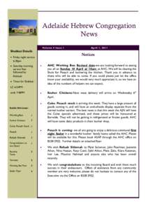 Adelaide Hebrew Congregation News Volume 4 Issue 1 Shabbat Details Friday night service