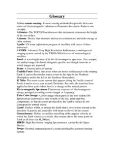 Glossary Active remote sensing- Remote sensing methods that provide their own source of electromagnetic radiation to illuminate the terrain. Radar is one example. Altimeter- The TOPEX/Poseidon uses this instrument to mea