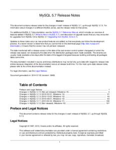MySQL 5.7 Release Notes Abstract This document contains release notes for the changes in each release of MySQL 5.7, up through MySQL[removed]For information about changes in a different MySQL series, see the release notes