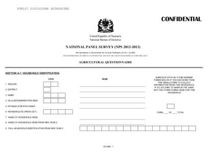 PUBLIC DISCLOSURE AUTHORIZED  CONFIDENTIAL United Republic of Tanzania National Bureau of Statistics