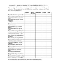 STUDENT ASSESSMENT OF CLASSROOM CULTURE You can adapt this sample survey to any grade level. Keep in mind that if you ask students to put their names on the survey, you may get different responses than if you give the su